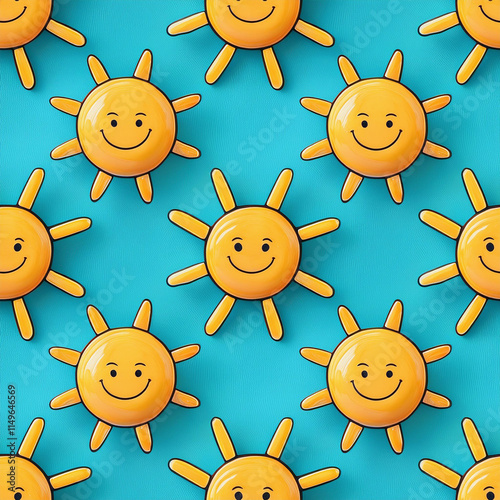 A seamless pattern in cartoon style, of a cheerful sun on a light blue background