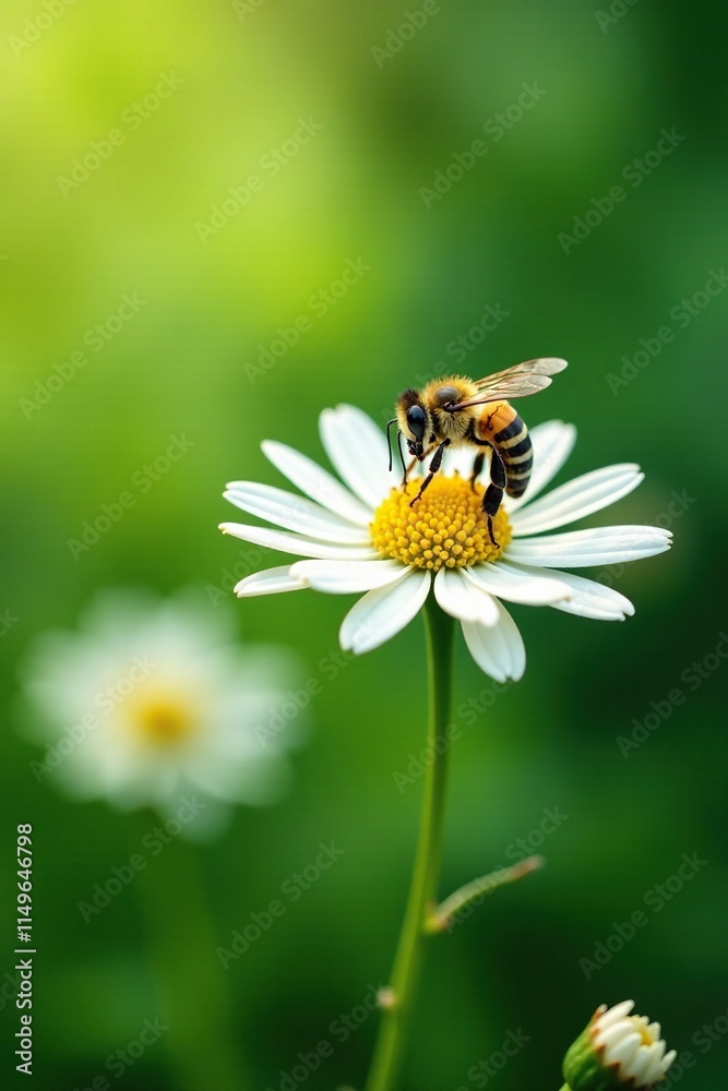 Pollen-filled bee hovering around the delicate white flowers of camomile, botanical, greenery, bloom Pollen-filled bee hovering around the delicate white flowers of camomile, botanical, greenery, bloom
