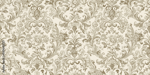 Elegant floral damask pattern in soft beige and cream tones.