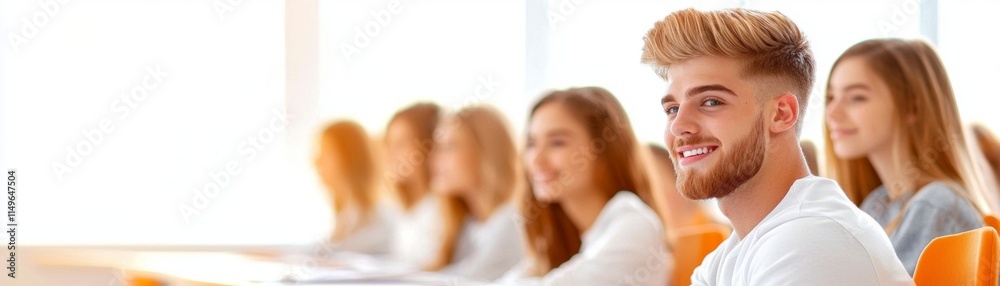 A young man smiles while seated in a classroom, surrounded by attentive peers, highlighting an engaging learning environment. A young man smiles while seated in a classroom, surrounded by attentive peers, highlighting an engaging learning environment.