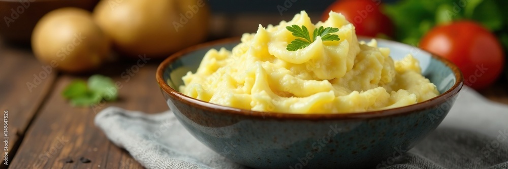 Softly lit bowl of creamy mashed potato on a wooden table, mashed, potato Softly lit bowl of creamy mashed potato on a wooden table, mashed, potato