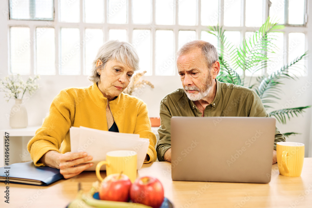 Senior couple managing finances and bills at home using laptop and documents Senior couple managing finances and bills at home using laptop and documents