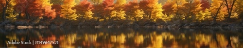 Softly glowing maples on a lake with rippling water and reflection of golden light, warm, lake