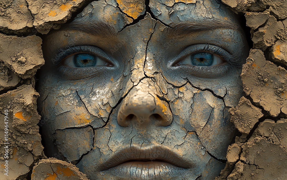 A crumbling face with corrosion and cracks, surrounded by fractured dirt ground, representing the destructive forces of time and nature A crumbling face with corrosion and cracks, surrounded by fractured dirt ground, representing the destructive forces of time and nature