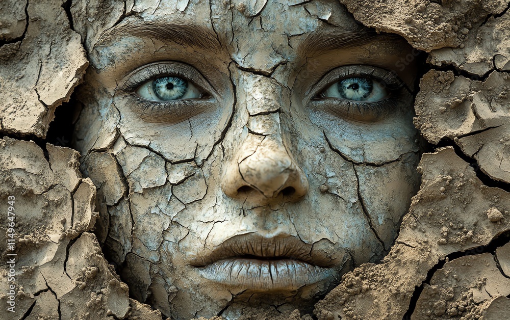 A crumbling face with corrosion and cracks, surrounded by fractured dirt ground, representing the destructive forces of time and nature A crumbling face with corrosion and cracks, surrounded by fractured dirt ground, representing the destructive forces of time and nature