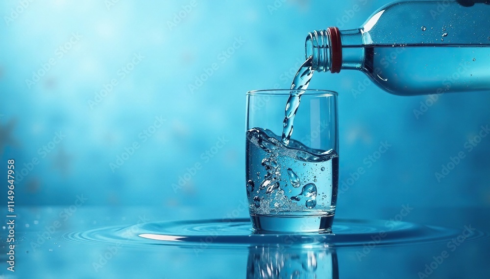 Water flowing from a glass bottle into a blue and natural environment, glass, fluidity Water flowing from a glass bottle into a blue and natural environment, glass, fluidity