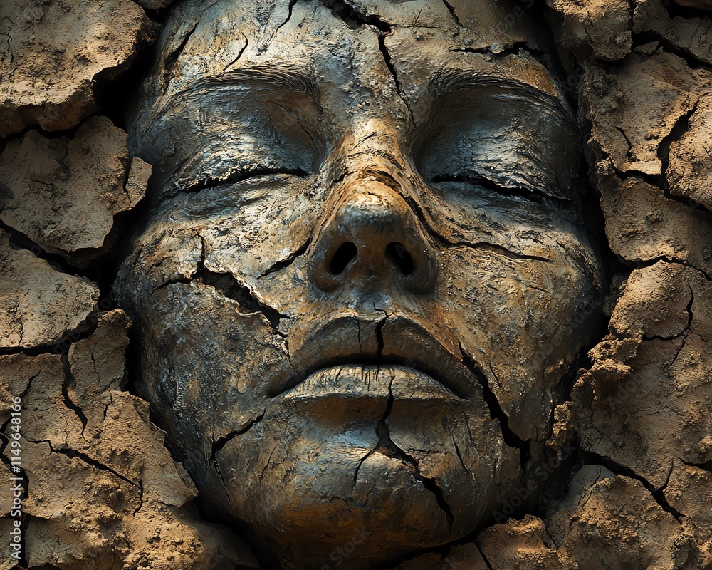 A decaying face with corroded features, emerging from cracked, dry earth, evoking a sense of erosion and the ravages of time A decaying face with corroded features, emerging from cracked, dry earth, evoking a sense of erosion and the ravages of time