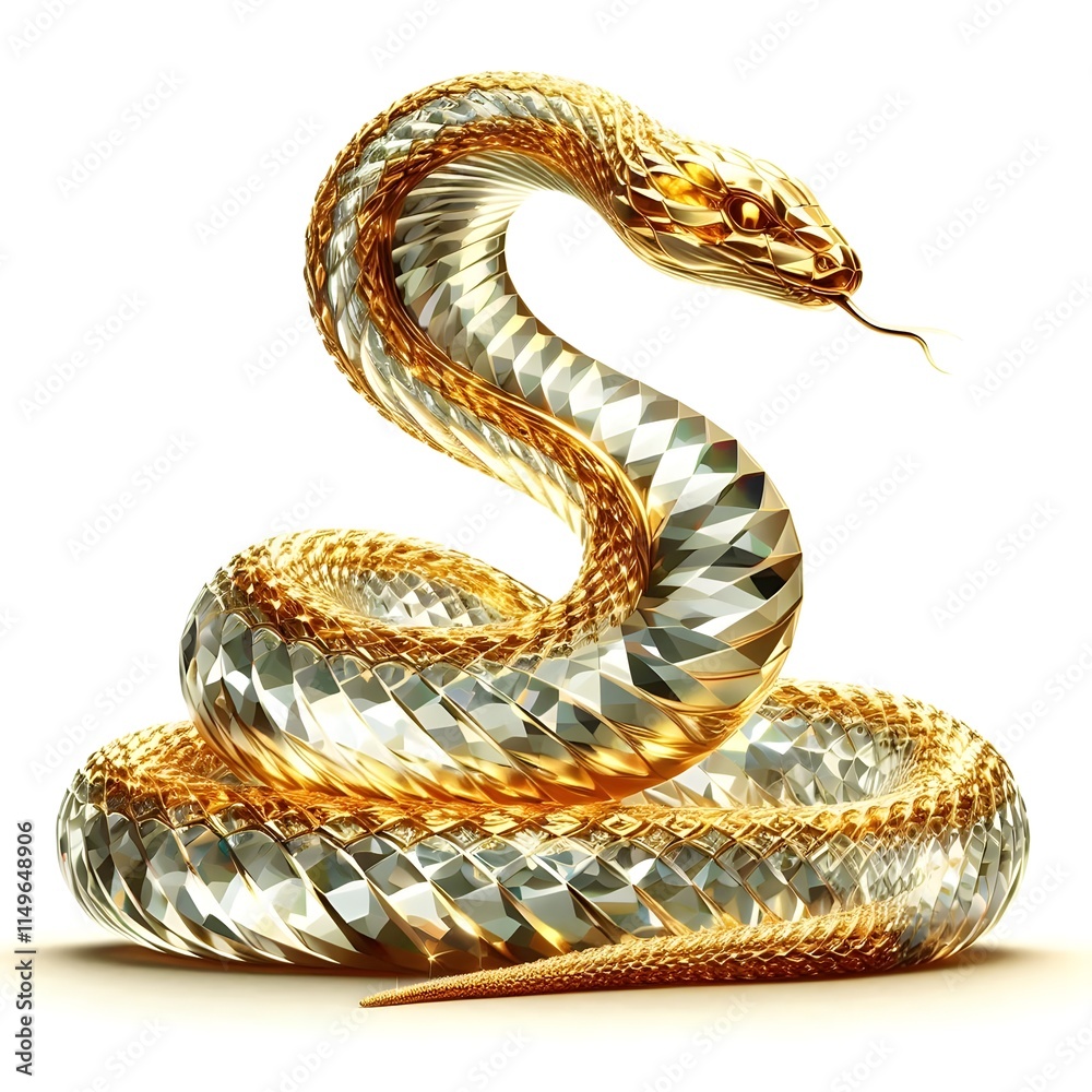 Obraz premium A snake with gold and gem scales is raising its head and coiling on a white background. snake ai | ai 2024