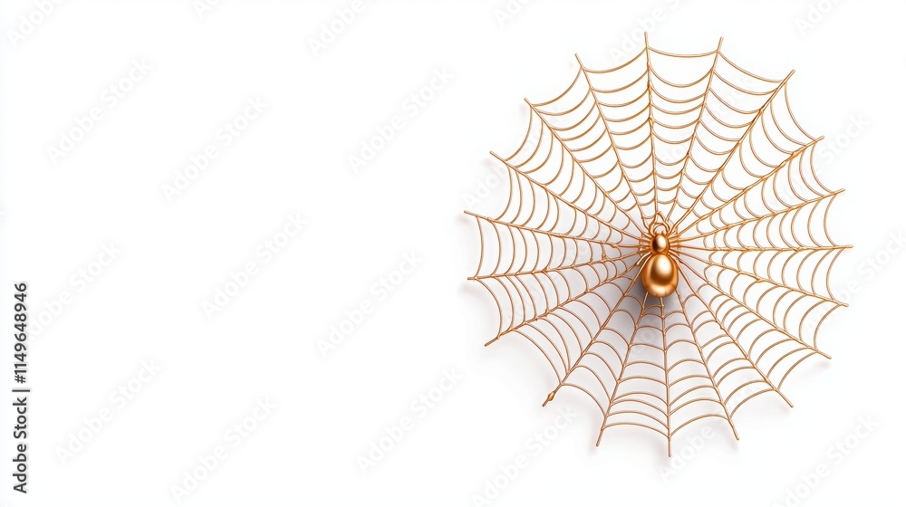 Fototapeta premium A beautifully crafted spider web with a golden spider at its center, set against a minimalist white background.