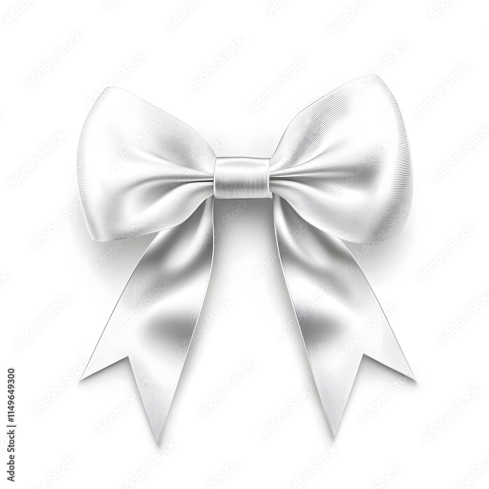 A shiny white ribbon bow, often used for decoration or gift wrapping. A shiny white ribbon bow, often used for decoration or gift wrapping.