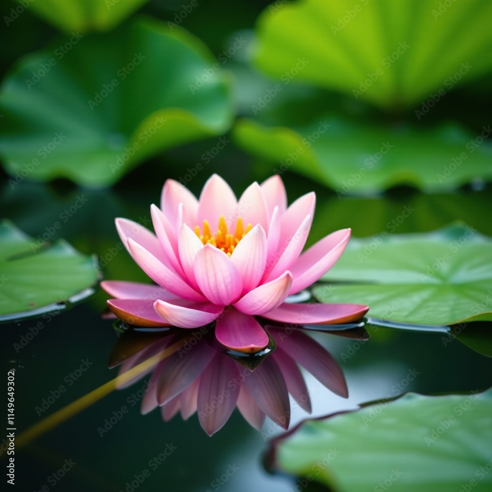 Delicate water lily blooms with green leaves floating on calm lake surface, garden scenery, water reflection, natural beauty Delicate water lily blooms with green leaves floating on calm lake surface, garden scenery, water reflection, natural beauty