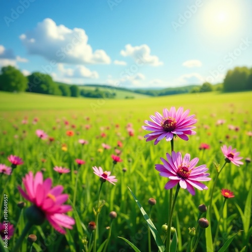 Field scabious in a sunny meadow with a few clouds, field scabious, weather photo