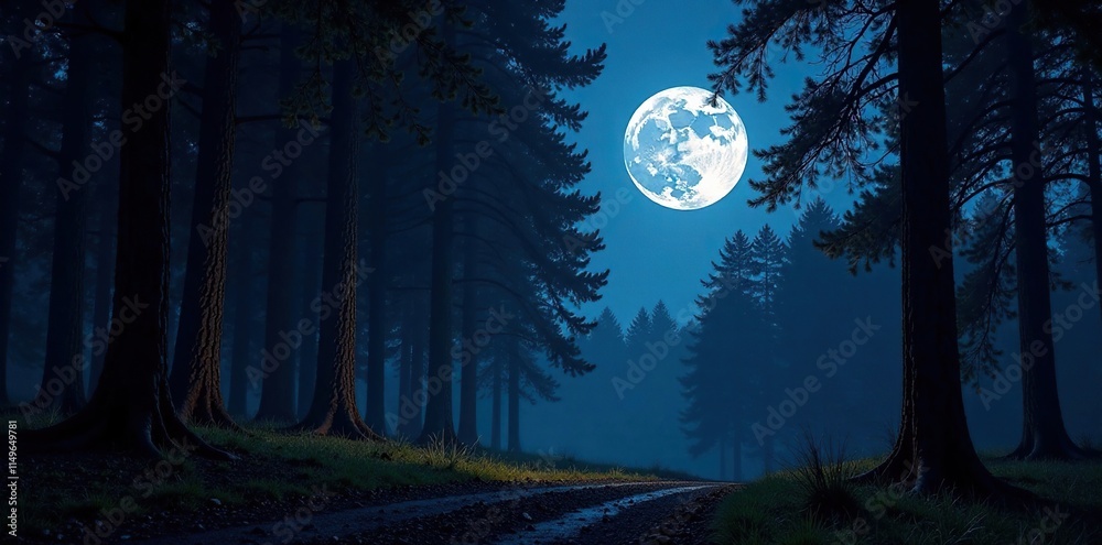 Full Moon illuminating a forest at night with glowing tree trunks, nighttime, lunar illumination Full Moon illuminating a forest at night with glowing tree trunks, nighttime, lunar illumination