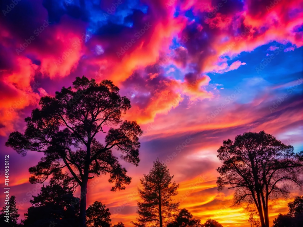 Silhouette of Trees Against Vibrant Pink, Peach, and Coral Sunset Sky Silhouette of Trees Against Vibrant Pink, Peach, and Coral Sunset Sky
