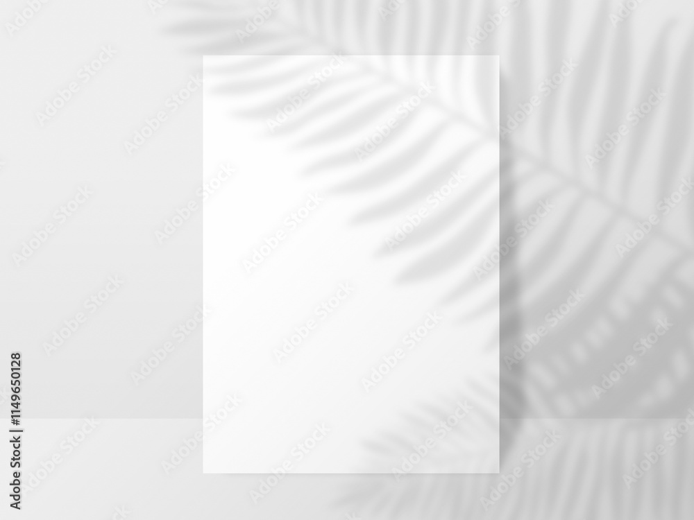 vertical sheets of textured white paper on soft gray table background. Mockup overlay with the plant shadows. vertical sheets of textured white paper on soft gray table background. Mockup overlay with the plant shadows.