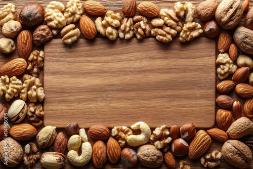 Assorted nuts border on wooden surface
