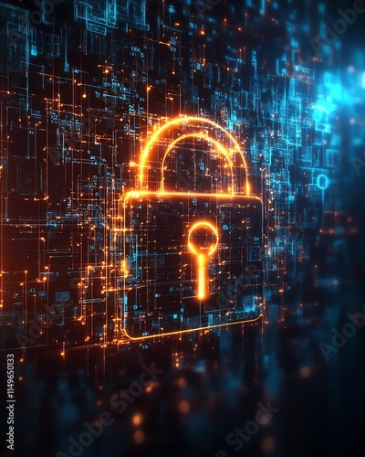 A hightech IT security background with a glowing padlock, encrypted data, and abstract technological elements representing digital protection