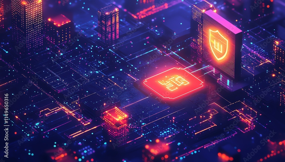 A modern IT security concept with a glowing shield, secure networks, and firewall symbols, surrounded by flowing data and digital elements A modern IT security concept with a glowing shield, secure networks, and firewall symbols, surrounded by flowing data and digital elements