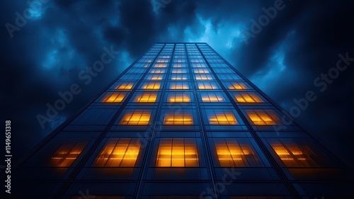Wallpaper Mural Investor Lawsuit concept. A tall building illuminated against a dark, stormy sky, emphasizing its architectural lines and glowing windows. Torontodigital.ca