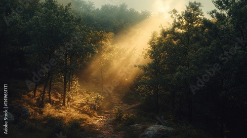 Sunbeams illuminate misty forest path.