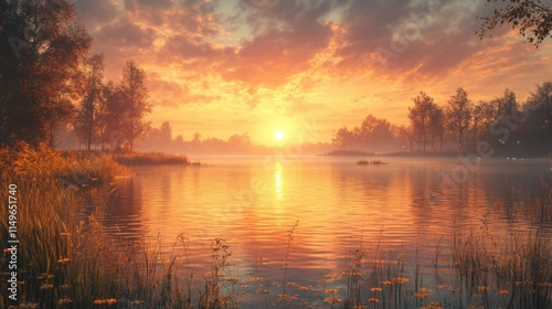 Golden sunset over calm lake, misty trees.
