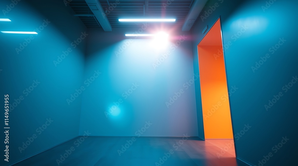 Fototapeta premium Neon Corridor: A minimalist, abstract composition showcasing a vibrant blue room with a single, bright orange door.