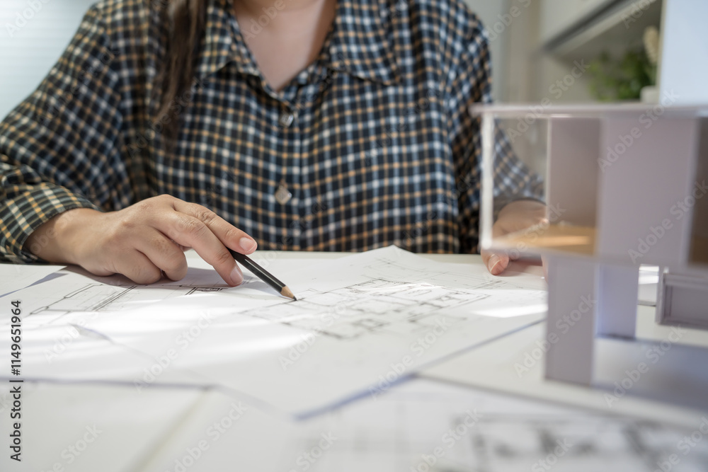 Fototapeta premium Architecture drawing on architectural Creative project business architecture building construction&nbsp;Industrial engineering Achievement Planning Design on blueprint eco