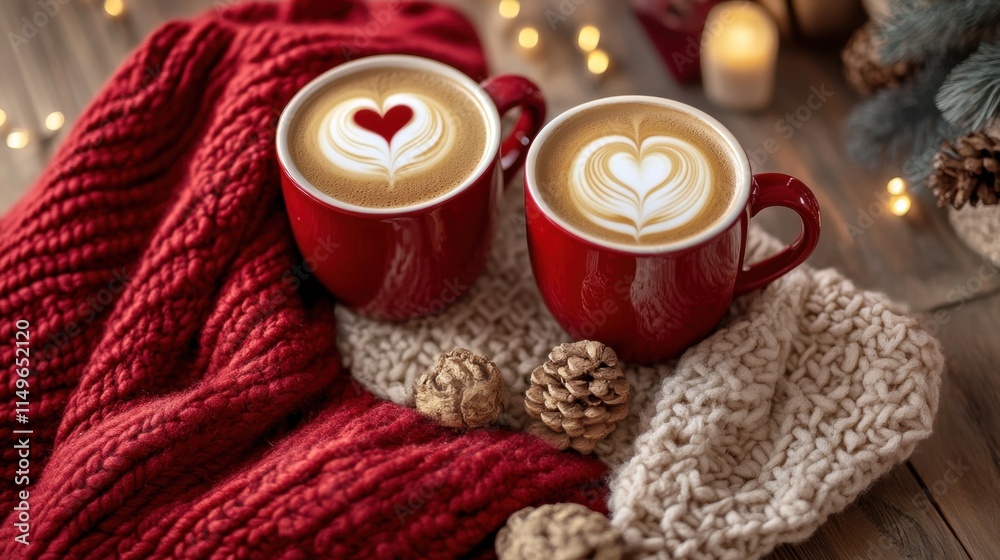 Cozy Winter Coffee Scene with Red Mugs and Heart Designs Cozy Winter Coffee Scene with Red Mugs and Heart Designs
