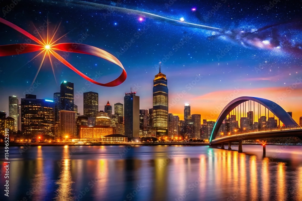 Fototapeta premium Silhouette Photography: Celestial Ribbon Over Cityscape at Night - Space, City, Ribbon