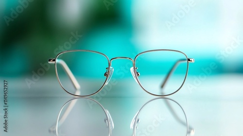 Metal frame eyeglasses on reflective surface. photo