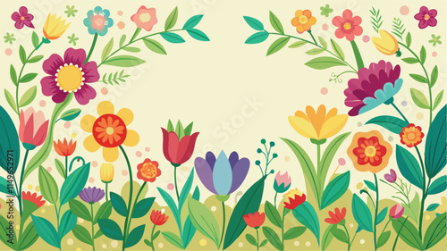 Seamless flower garden border, colorful spring floral frame vector
