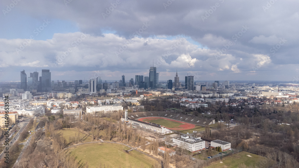 view from a drone of the skra stadium in warsaw view from a drone of the skra stadium in warsaw