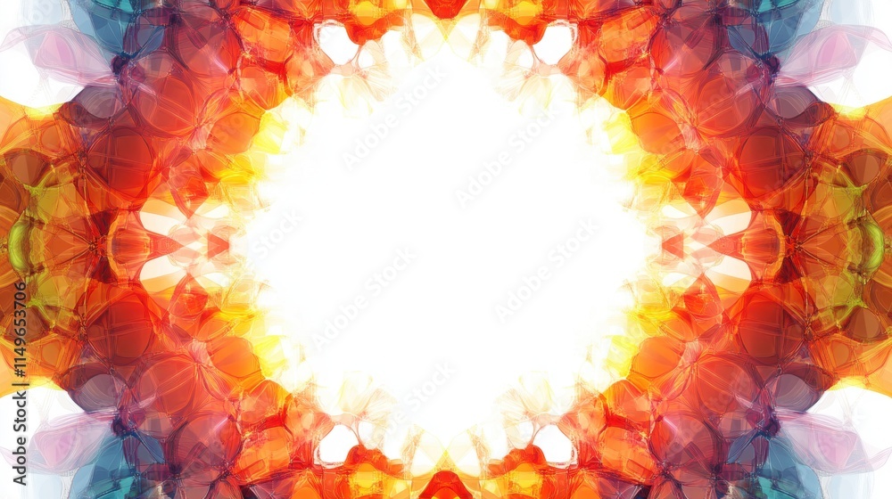 Vibrant kaleidoscope border framing a luminous white center, intricate patterns create a striking visual contrast and dynamic energy.