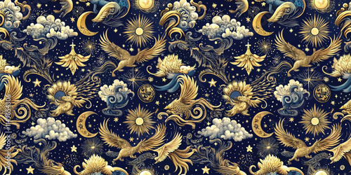 Intricate fantasy pattern featuring mythical creatures on a dark blue background.