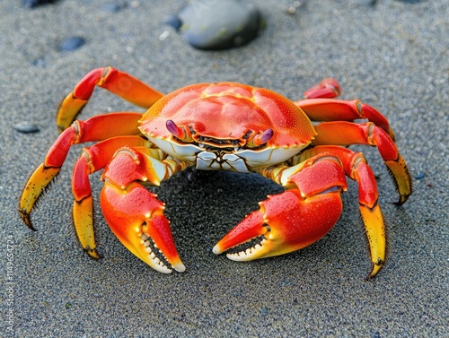 Colorful crab standing on a beach. 