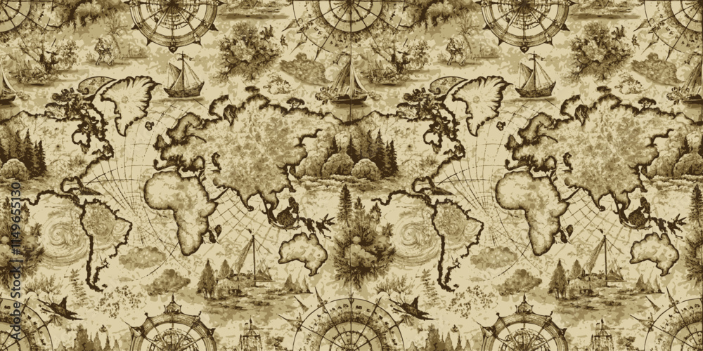 Antique styled world map with intricate maritime illustrations and vintage cartography. Antique styled world map with intricate maritime illustrations and vintage cartography.
