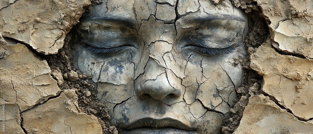 An abstract, corroding human face with cracks and a dirtcovered ground, blending organic and earth elements in a powerful, symbolic composition An abstract, corroding human face with cracks and a dirtcovered ground, blending organic and earth elements in a powerful, symbolic composition