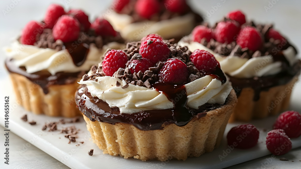 Delicious chocolate raspberry tarts topped with whipped cream and chocolate shavings. Delicious chocolate raspberry tarts topped with whipped cream and chocolate shavings.