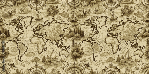 Antique styled world map with intricate maritime illustrations and vintage cartography.