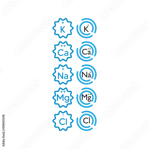 Set of blue electrolyte modern icons - Calcium, Sodium, Magnesium, Potassium and Chlorine ion symbols for Mineral product, mineralized water, health care and education