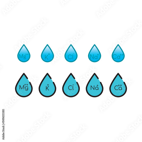 Set of blue electrolyte modern icons - Calcium, Sodium, Magnesium, Potassium and Chlorine ion symbols for Mineral product, mineralized water, health care and education