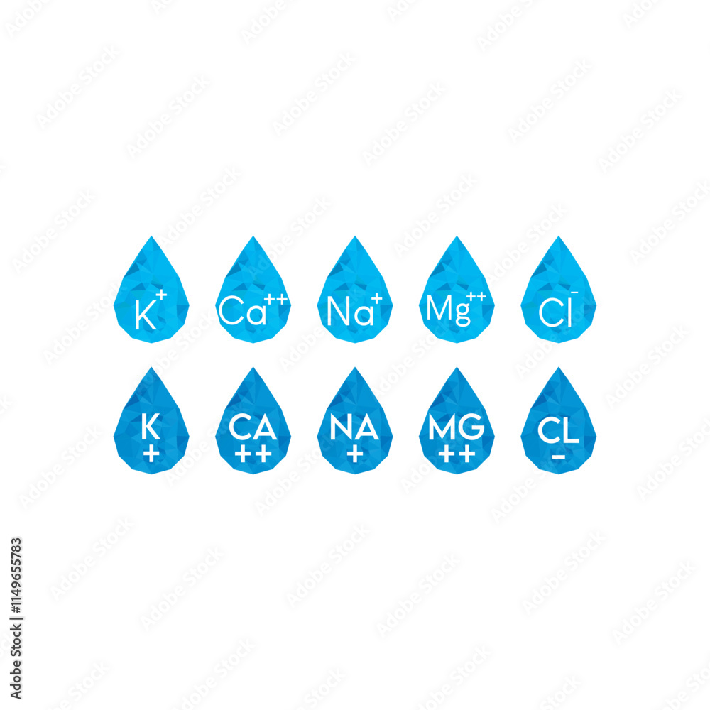 Set of blue electrolyte modern icons - Calcium, Sodium, Magnesium, Potassium and Chlorine ion symbols for Mineral product, mineralized water, health care and education Set of blue electrolyte modern icons - Calcium, Sodium, Magnesium, Potassium and Chlorine ion symbols for Mineral product, mineralized water, health care and education