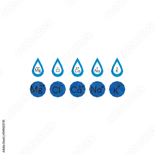 Set of blue electrolyte modern icons - Calcium, Sodium, Magnesium, Potassium and Chlorine ion symbols for Mineral product, mineralized water, health care and education