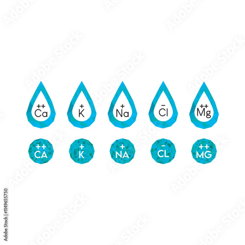 Set of blue electrolyte modern icons - Calcium, Sodium, Magnesium, Potassium and Chlorine ion symbols for Mineral product, mineralized water, health care and education