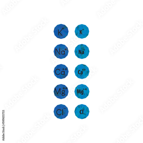 Set of blue electrolyte modern icons - Calcium, Sodium, Magnesium, Potassium and Chlorine ion symbols for Mineral product, mineralized water, health care and education