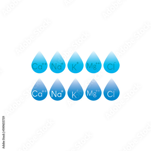 Set of blue electrolyte modern icons - Calcium, Sodium, Magnesium, Potassium and Chlorine ion symbols for Mineral product, mineralized water, health care and education