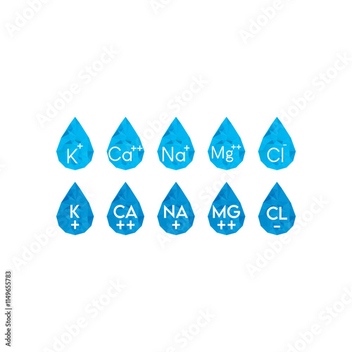 Set of blue electrolyte modern icons - Calcium, Sodium, Magnesium, Potassium and Chlorine ion symbols for Mineral product, mineralized water, health care and education