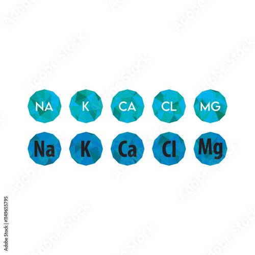 Set of blue electrolyte modern icons - Calcium, Sodium, Magnesium, Potassium and Chlorine ion symbols for Mineral product, mineralized water, health care and education