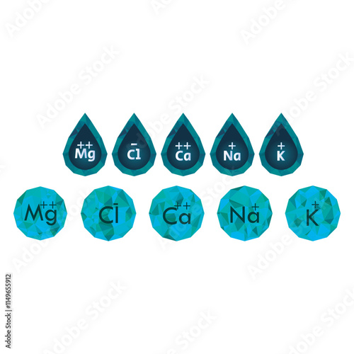 Set of blue electrolyte modern icons - Calcium, Sodium, Magnesium, Potassium and Chlorine ion symbols for Mineral product, mineralized water, health care and education