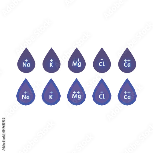 Set of blue electrolyte modern icons - Calcium, Sodium, Magnesium, Potassium and Chlorine ion symbols for Mineral product, mineralized water, health care and education